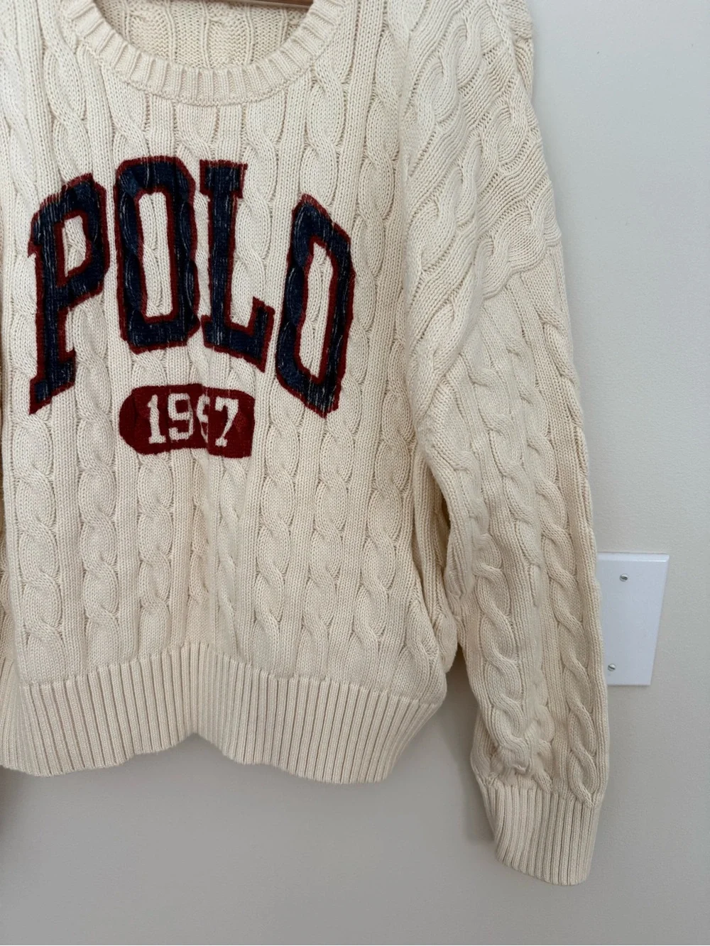 Polo Ralph Lauren Cable Knit Sweater Cream Cotton Size XXL 1967 Spellout Varsity
